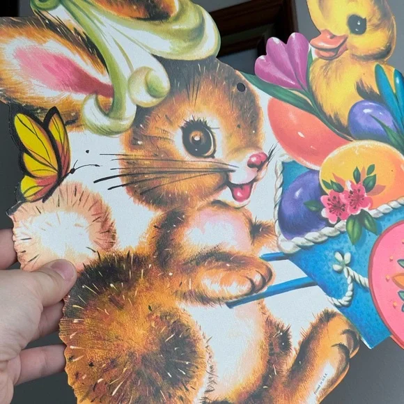 Vintage Easter Bunny Chick Egg Basket Die Cut USA Made Holiday Wall Ephemera - Picture 3 of 15